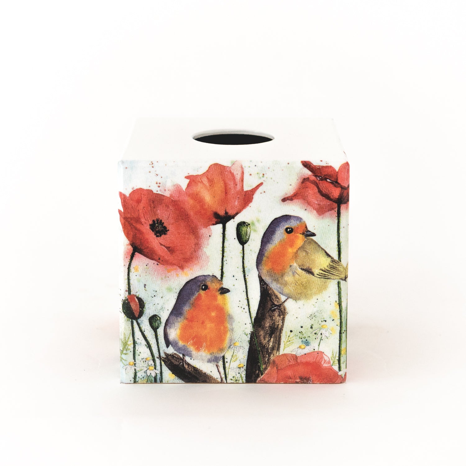 Tissue Box Cover wooden Red Poppy Robin