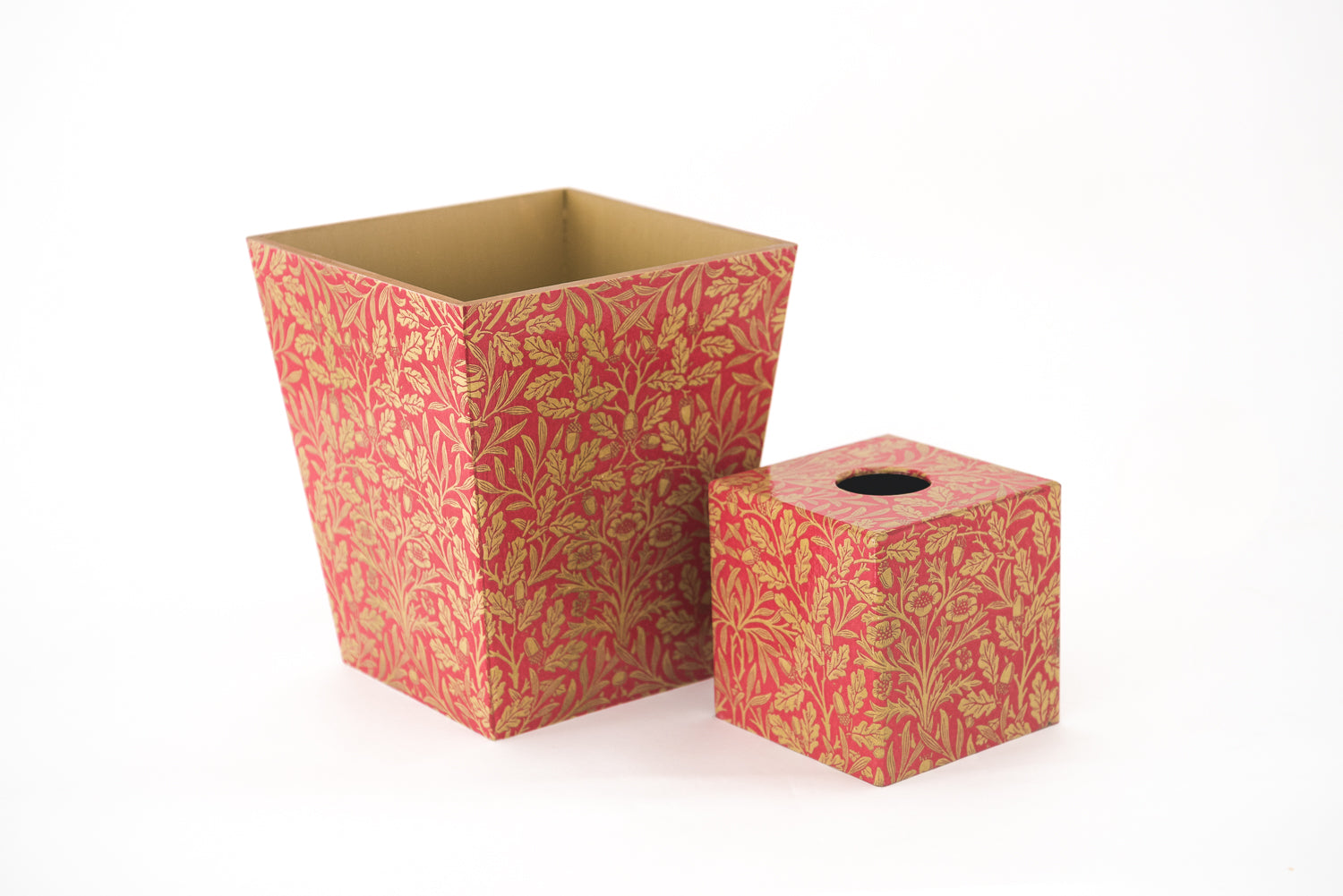 Tissue Box Cover & Waste Paper Bin Gold & Red Acorn