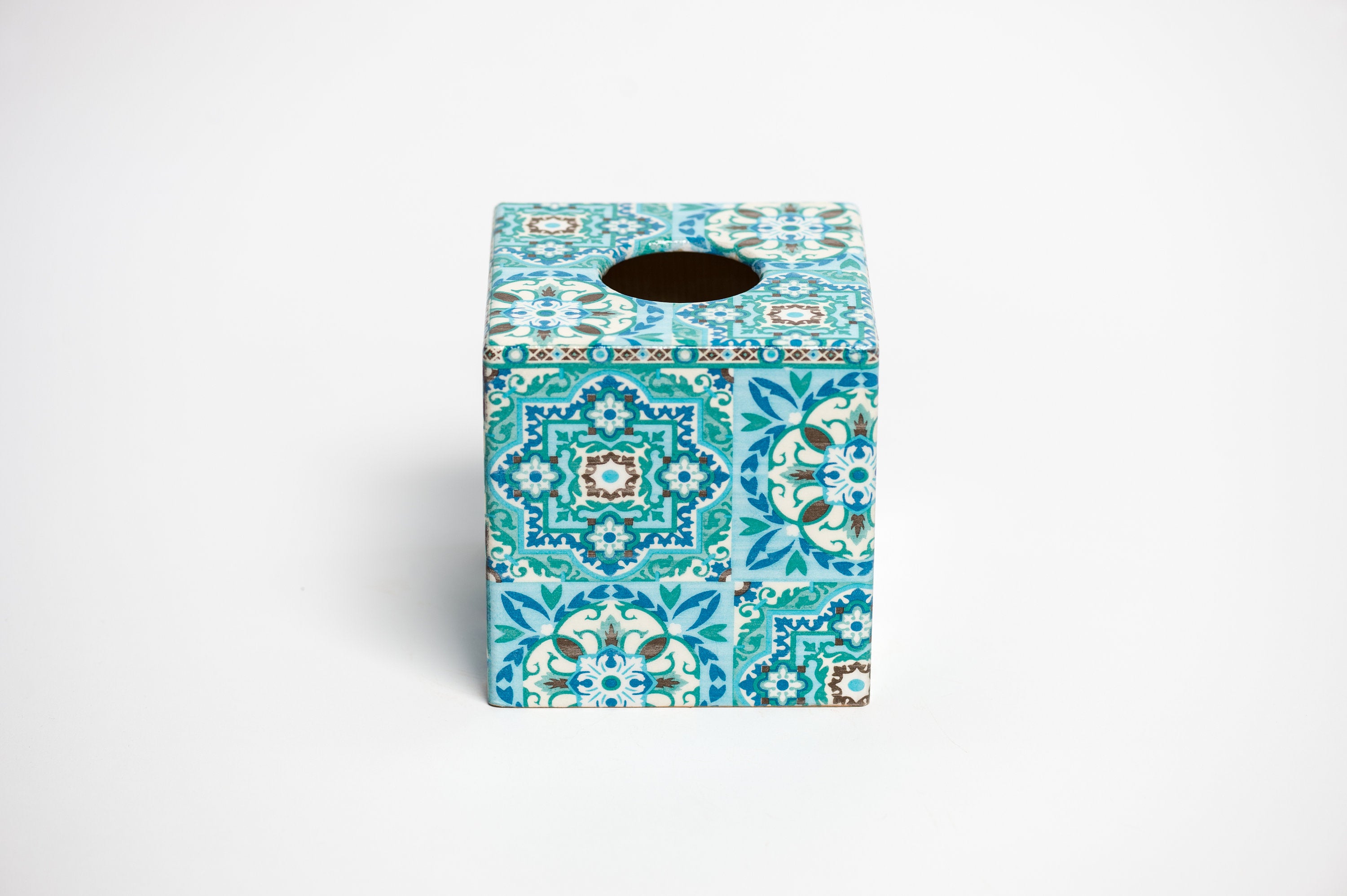 Blue Tiles Waste Paper Bin & Tissue Box Cover Set