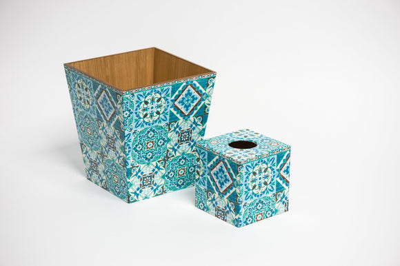 Blue Tiles Waste Paper Bin & Tissue Box Cover Set | Crackpots