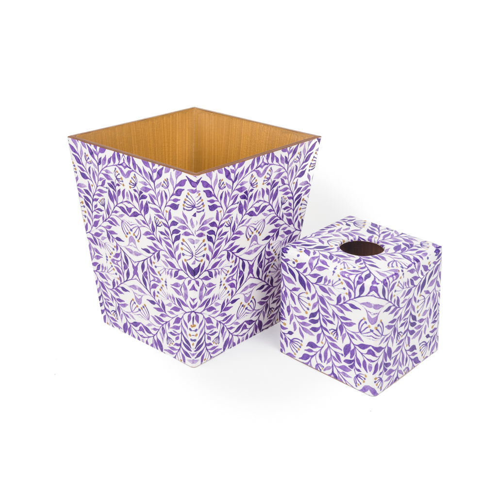 Purple Leaf Tissue Box Cover & Waste Paper Bin Set | Crackpots